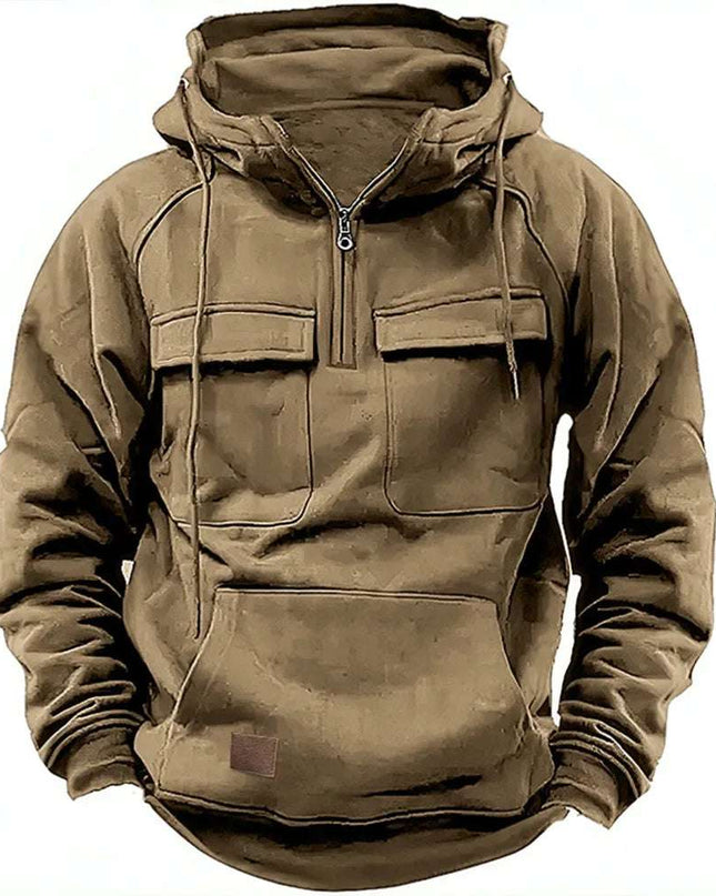 New Men's Hooded Solid Color Multi Pocket Patch Hoodie