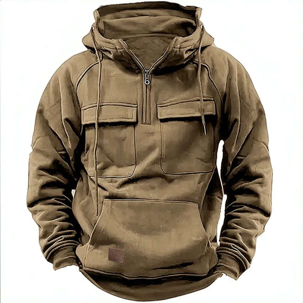 New Men's Hooded Solid Color Multi Pocket Patch Hoodie - Plush Fashion Shop #