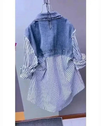 New Design Sense Stitching Women Fashion Striped Denim Jacket - Plush Fashion Shop #