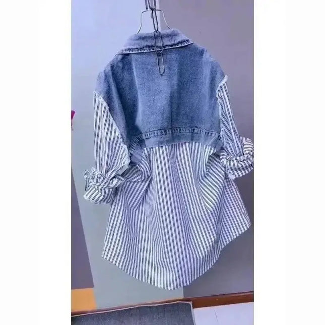 New Design Sense Stitching Women Fashion Striped Denim Jacket - Plush Fashion Shop #