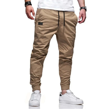 Men Cargo Long Solid Straight  Lace Up Elastic Waist Slim Fit Casual Drawstring Pants - Plush Fashion Shop #