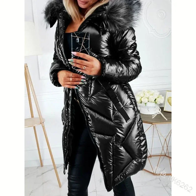 Ladies Mid-Length Zipper Trendi Glossy Parkas Outwear Big Fur Collar Slim Fit Thermal  Coat