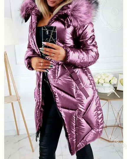 Ladies Mid-Length Zipper Trendi Glossy Parkas Outwear Big Fur Collar Slim Fit Thermal  Coat