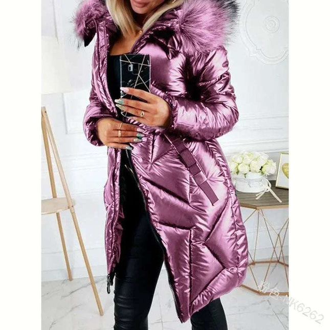 Ladies Mid-Length Zipper Trendi Glossy Parkas Outwear Big Fur Collar Slim Fit Thermal  Coat