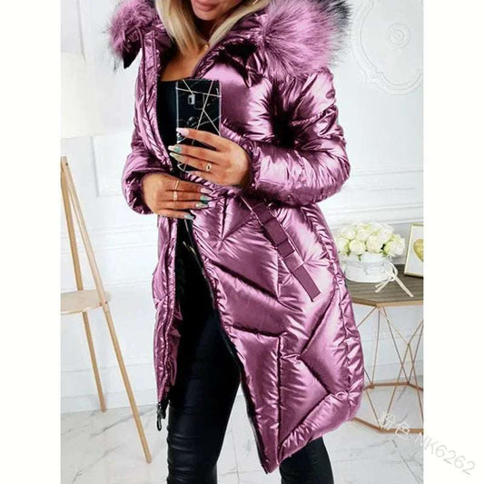 Ladies Mid-Length Zipper Trendi Glossy Parkas Outwear Big Fur Collar Slim Fit Thermal  Coat - Plush Fashion Shop #