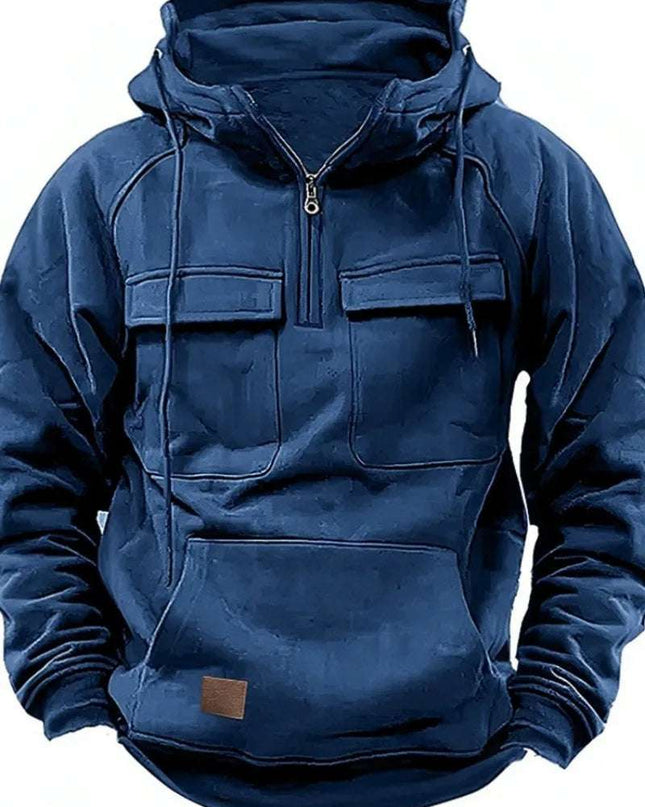 New Men's Hooded Solid Color Multi Pocket Patch Hoodie