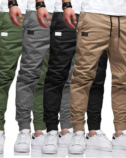 Men Cargo Long Solid Straight  Lace Up Elastic Waist Slim Fit Casual Drawstring Pants - Plush Fashion Shop #