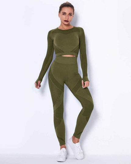 Seamless Knitted Absorbent Yoga Long-Sleeved Suit with Stripe Pattern