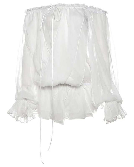 See-through Pure Desire flared sleeves top with elegant bell sleeves in white.