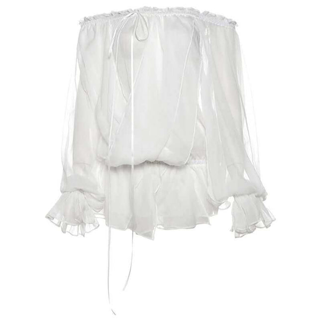 See-through Pure Desire flared sleeves top with elegant bell sleeves in white.