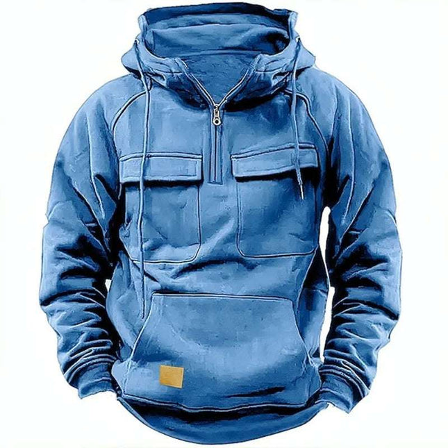 New Men's Hooded Solid Color Multi Pocket Patch Hoodie