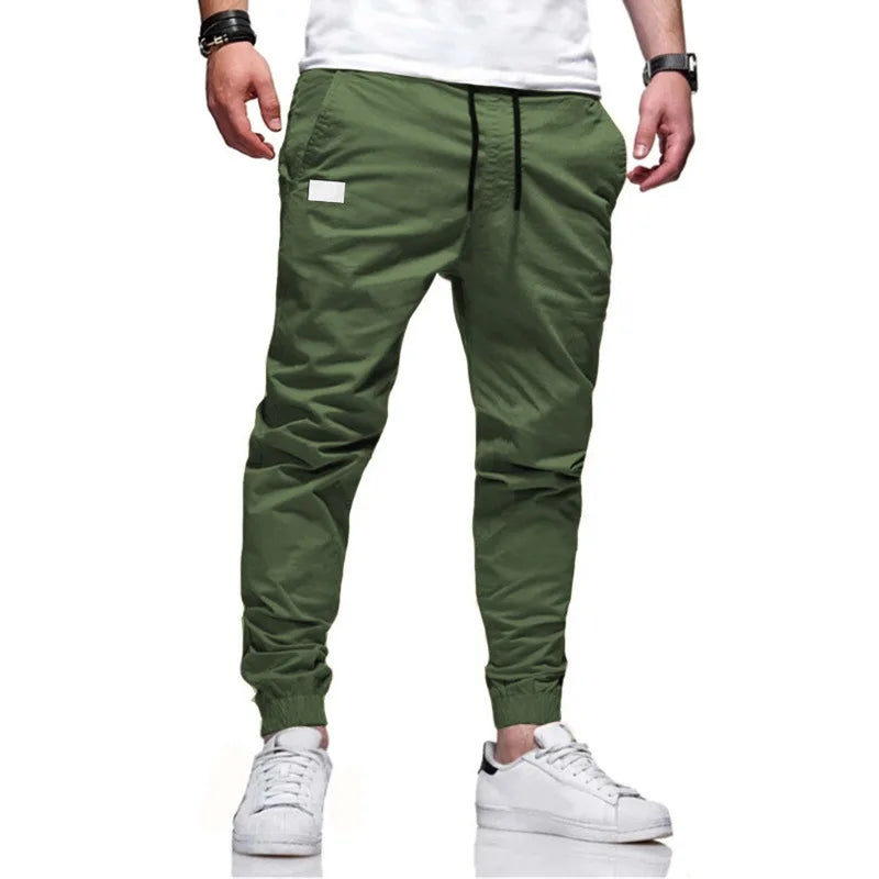 Men Cargo Long Solid Straight  Lace Up Elastic Waist Slim Fit Casual Drawstring Pants - Plush Fashion Shop #