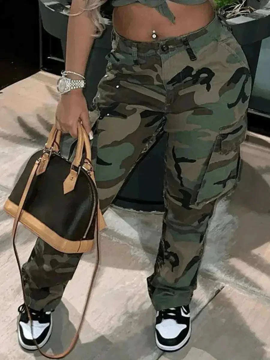 Camo print side pocket cargo pants for women, stylish and functional.