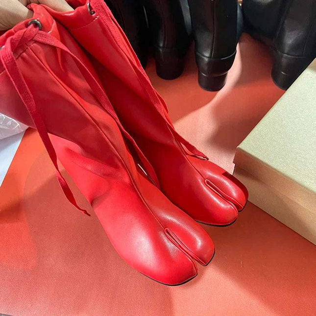 Red Split Toe Chunky High Heel Winter Short Ankle Boots Women