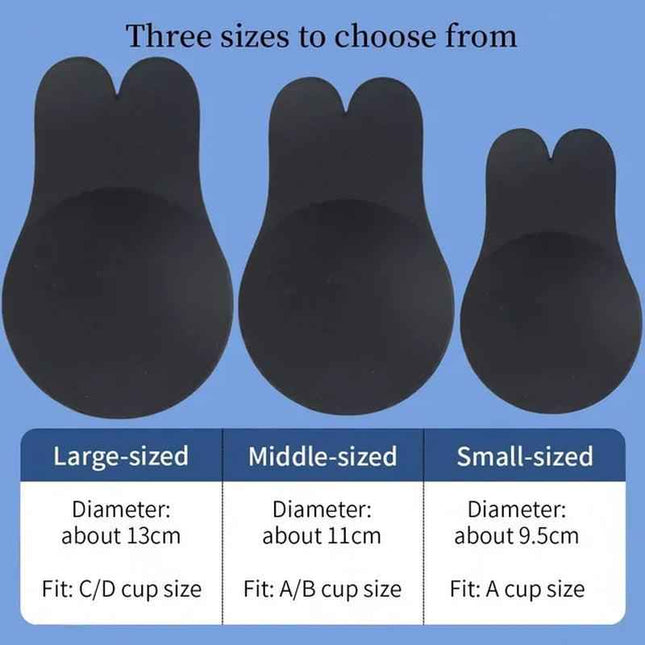 Three sizes of Silicone Adhesive Push-Up Bra with reusable breast lift tape, featuring large, middle, and small options for various cup sizes.