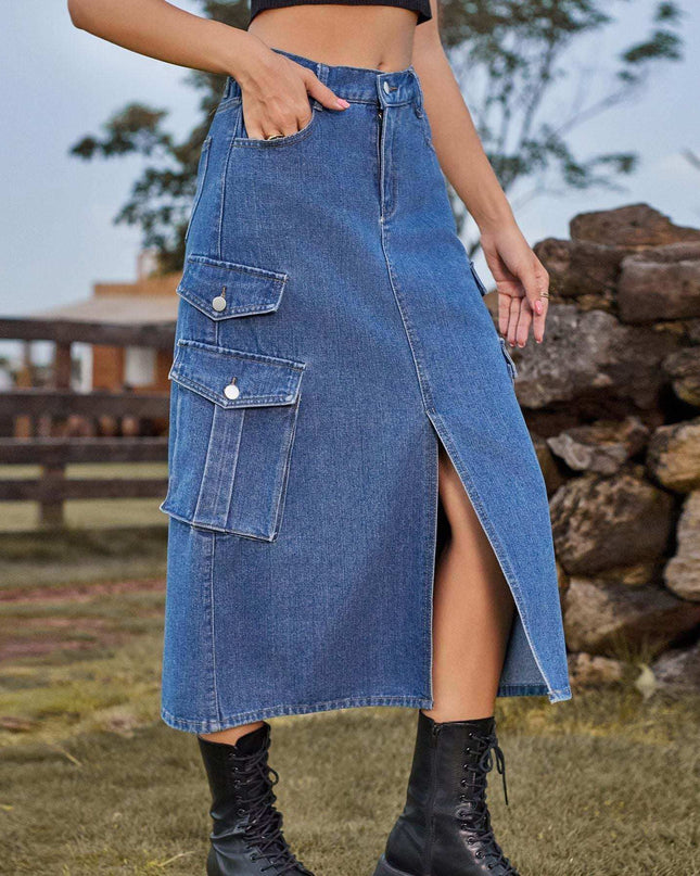 Women's denim cargo casual skirt with pockets, street style fashion.