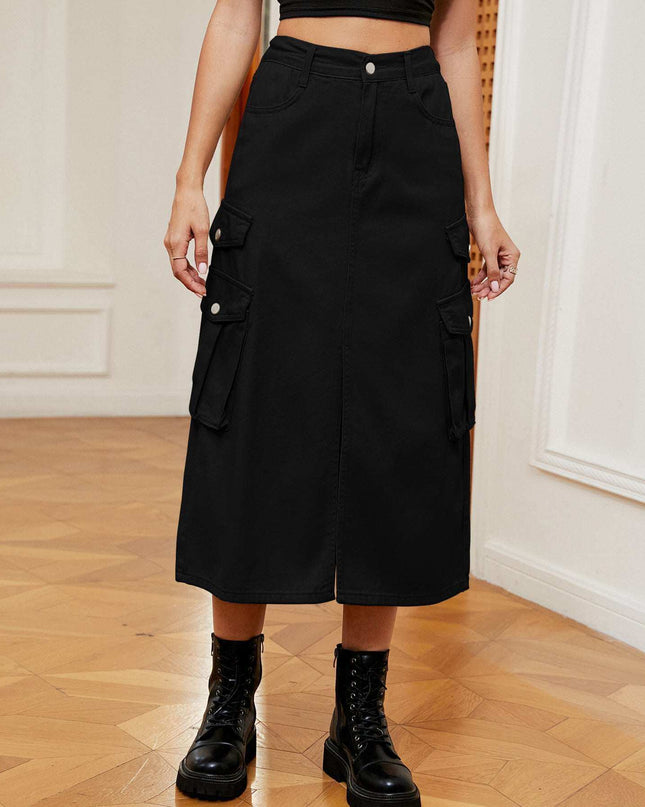 Women's denim cargo casual skirt in black, perfect for street style fashion.