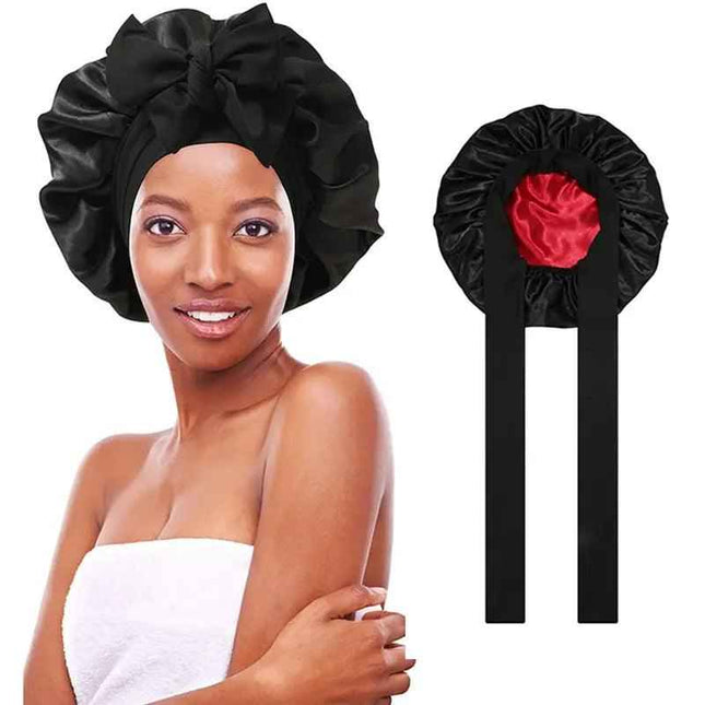 Women's double layered silk bonnet with elastic tie for hair protection.