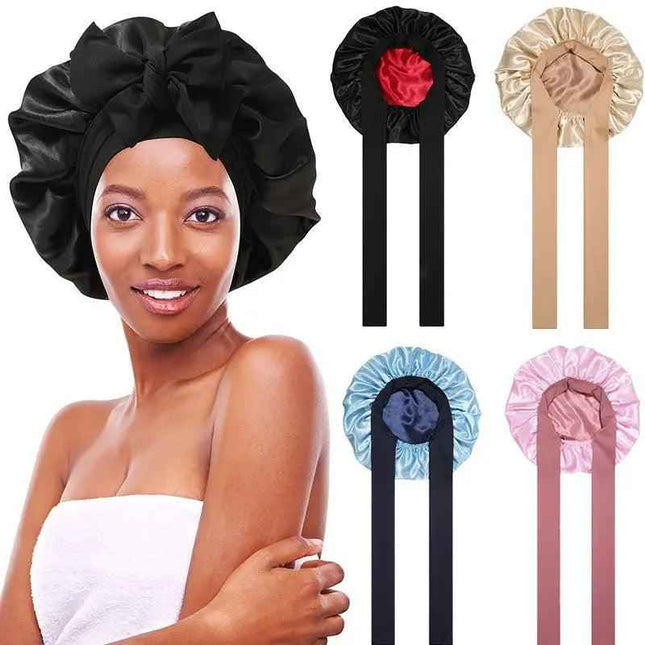 Women's double layered silk bonnet hair care sleeping hat with elastic tie band in various colors.