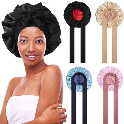 Women's double layered silk bonnet with elastic tie band for hair care and sleep.