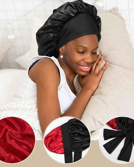 Women's double layered silk bonnet with elastic band for hair protection while sleeping.