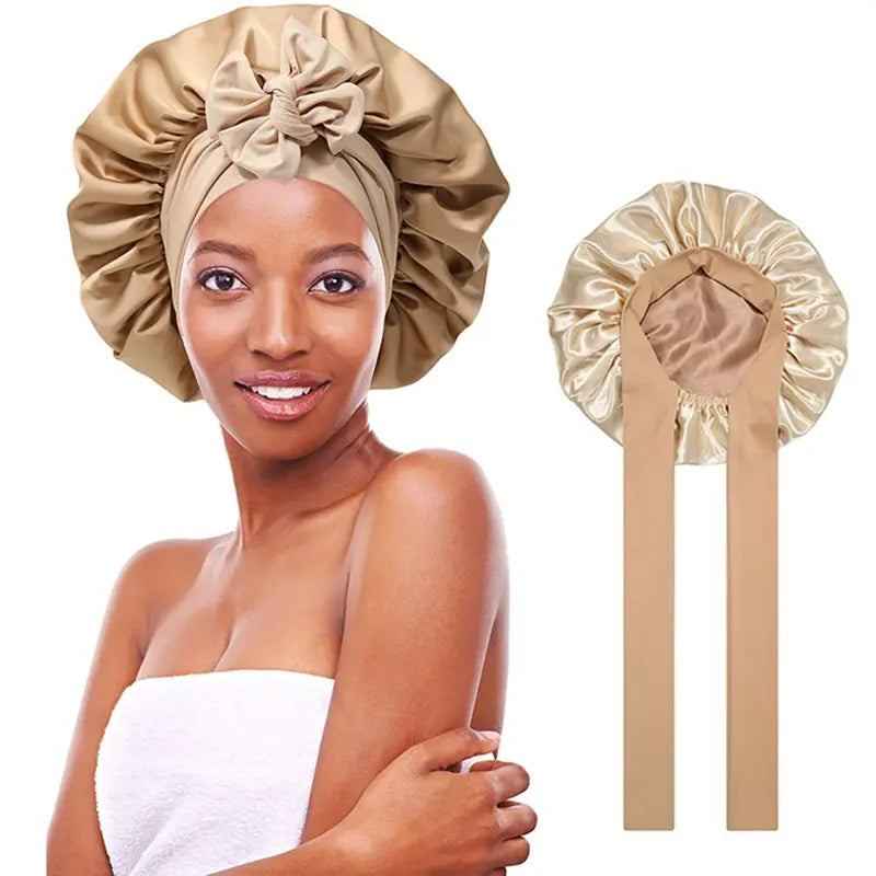 Women's double-layered silk bonnet with elastic tie band for hair care and sleeping comfort.