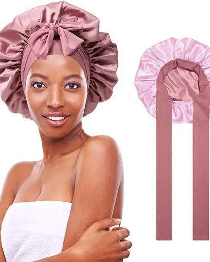 Women's double layered silk bonnet with elastic tie band for hair care.