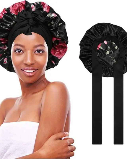 Women's double layered silk bonnet with elastic tie band for hair care.