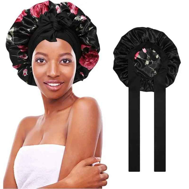 Women's double layered silk bonnet hair care sleeping hat with elastic tie band.