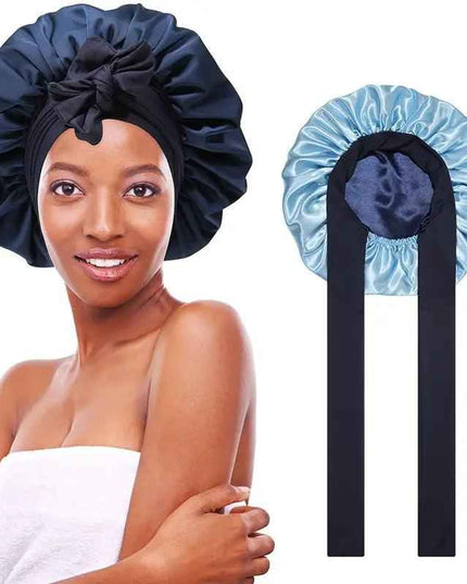 Women's double layered silk bonnet with elastic tie band for hair protection.