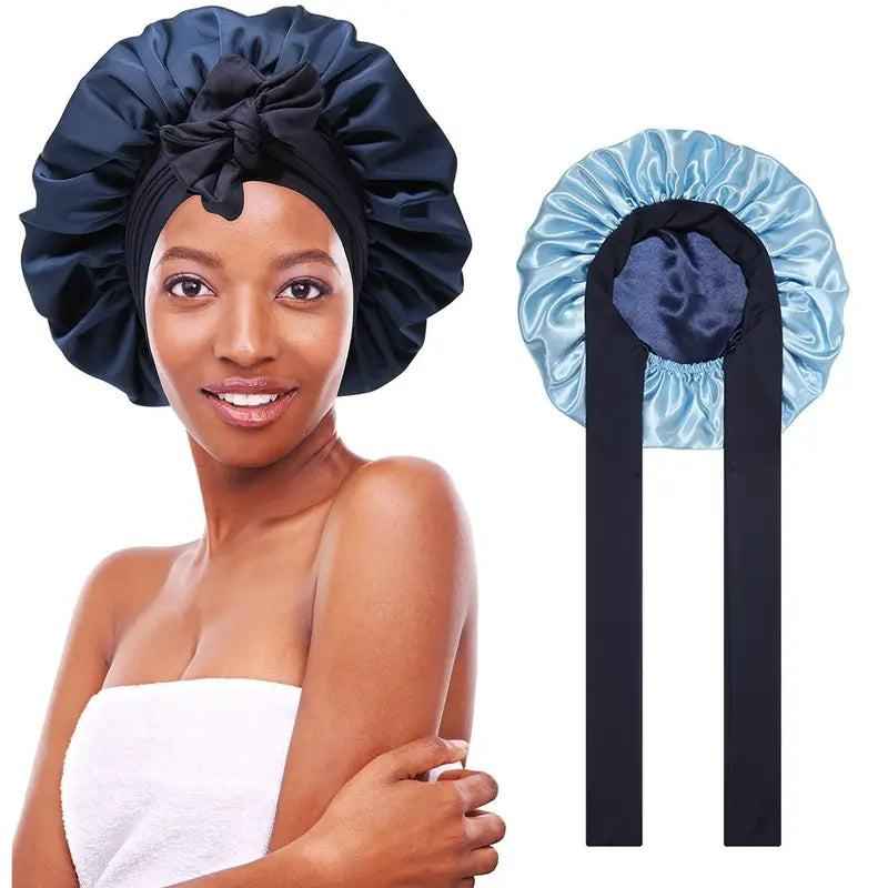 Women's double layered silk bonnet with elastic tie band for hair protection.