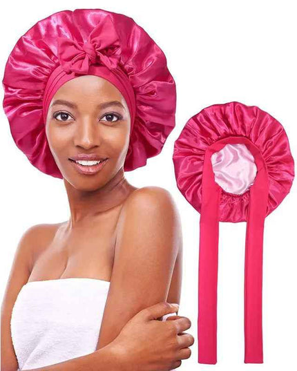 Women's double layered silk bonnet with elastic tie band for hair care.