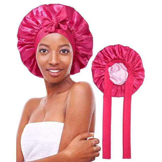 Women's double layered silk bonnet hair care sleeping hat with elastic tie band.