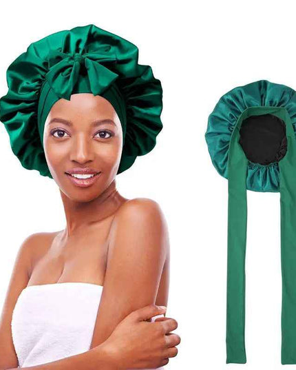 Women's double-layered silk bonnet with elastic tie band for hair protection.