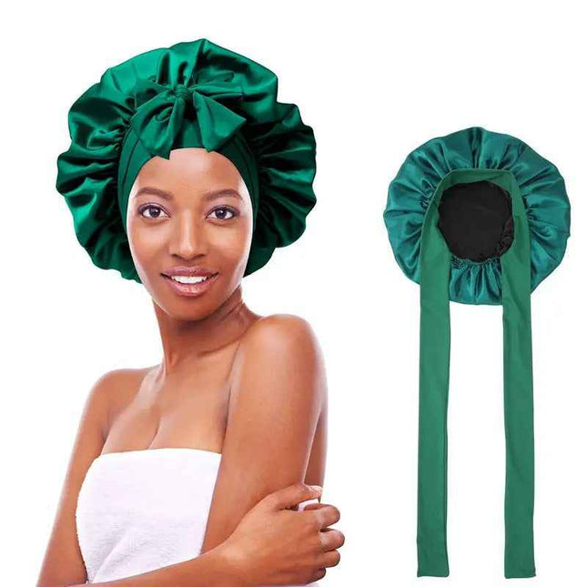 Women's double-layered silk bonnet with elastic tie band for hair protection.