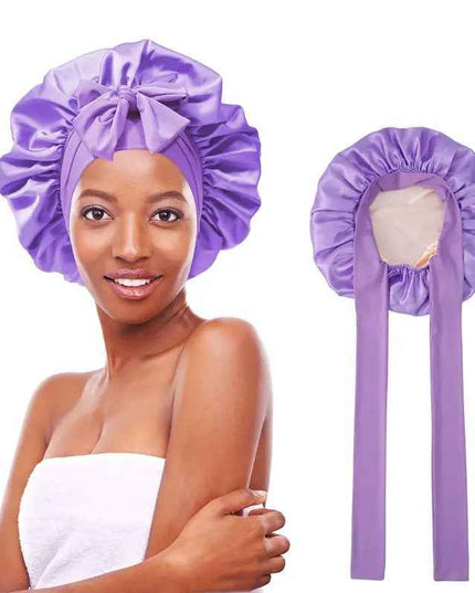 Women's double layered silk bonnet hair care sleeping hat with elastic tie band.