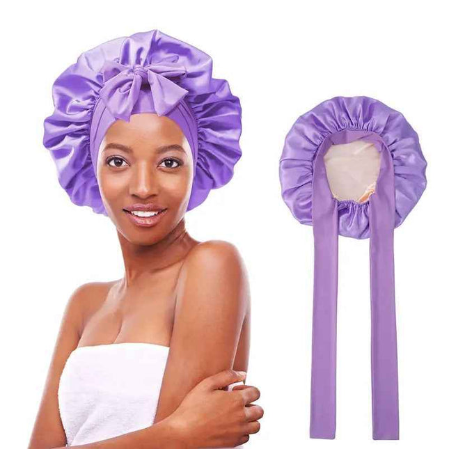 Women's double layered silk bonnet hair care sleeping hat with elastic tie band.