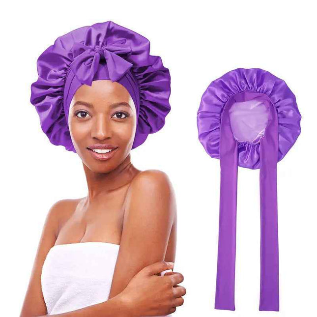 Women's double layered silk bonnet with elastic tie band for hair care.