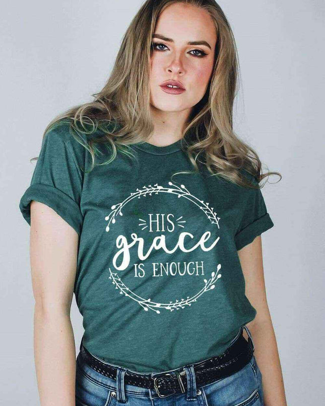 Women's His Grace Is Enough short sleeve tee shirt in green worn by a model.