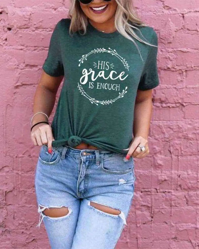 Women's His Grace Is Enough short sleeve tee with inspiring message, Jane Birkin fashion inspired, green color.