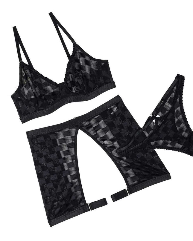 Women's black mesh underwear three-piece set including bra, panties, and garter belt.