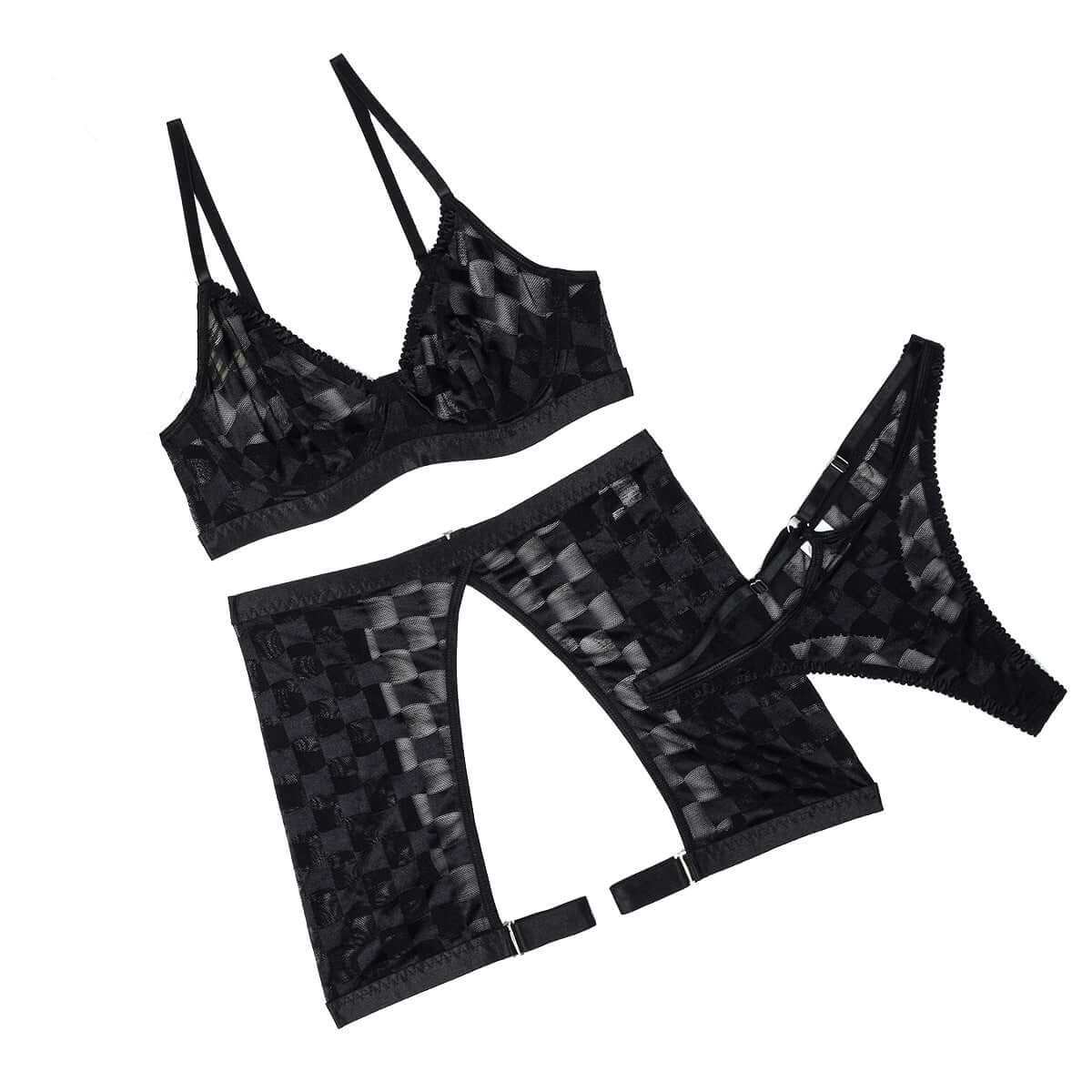 Black Women's Mesh Underwear Three-piece Set in sizes S, M, L.