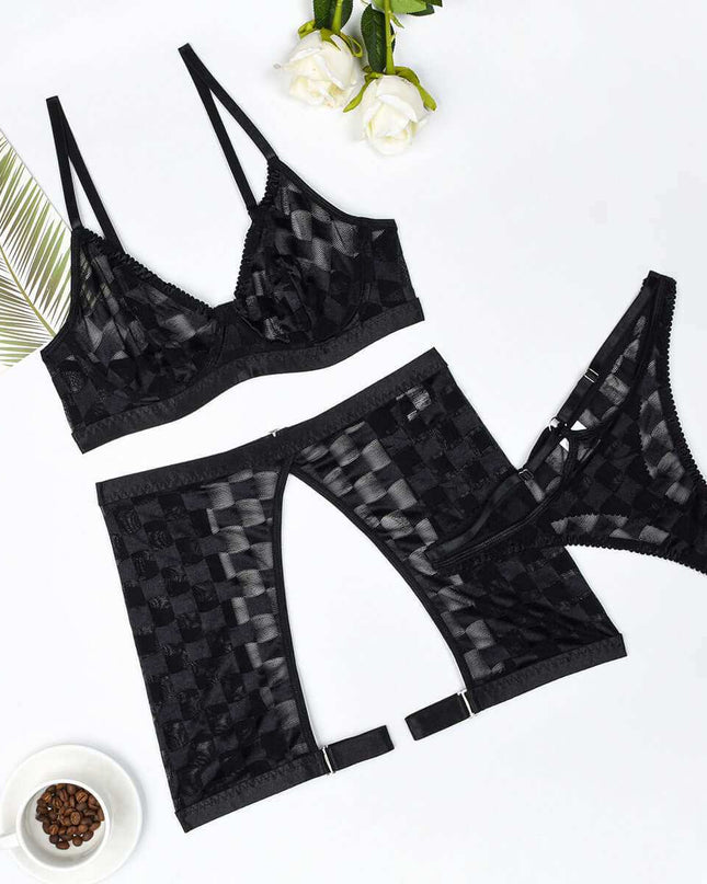 Women's Mesh Underwear Three-piece Set in black, featuring high-quality mesh fabric for comfort and style.