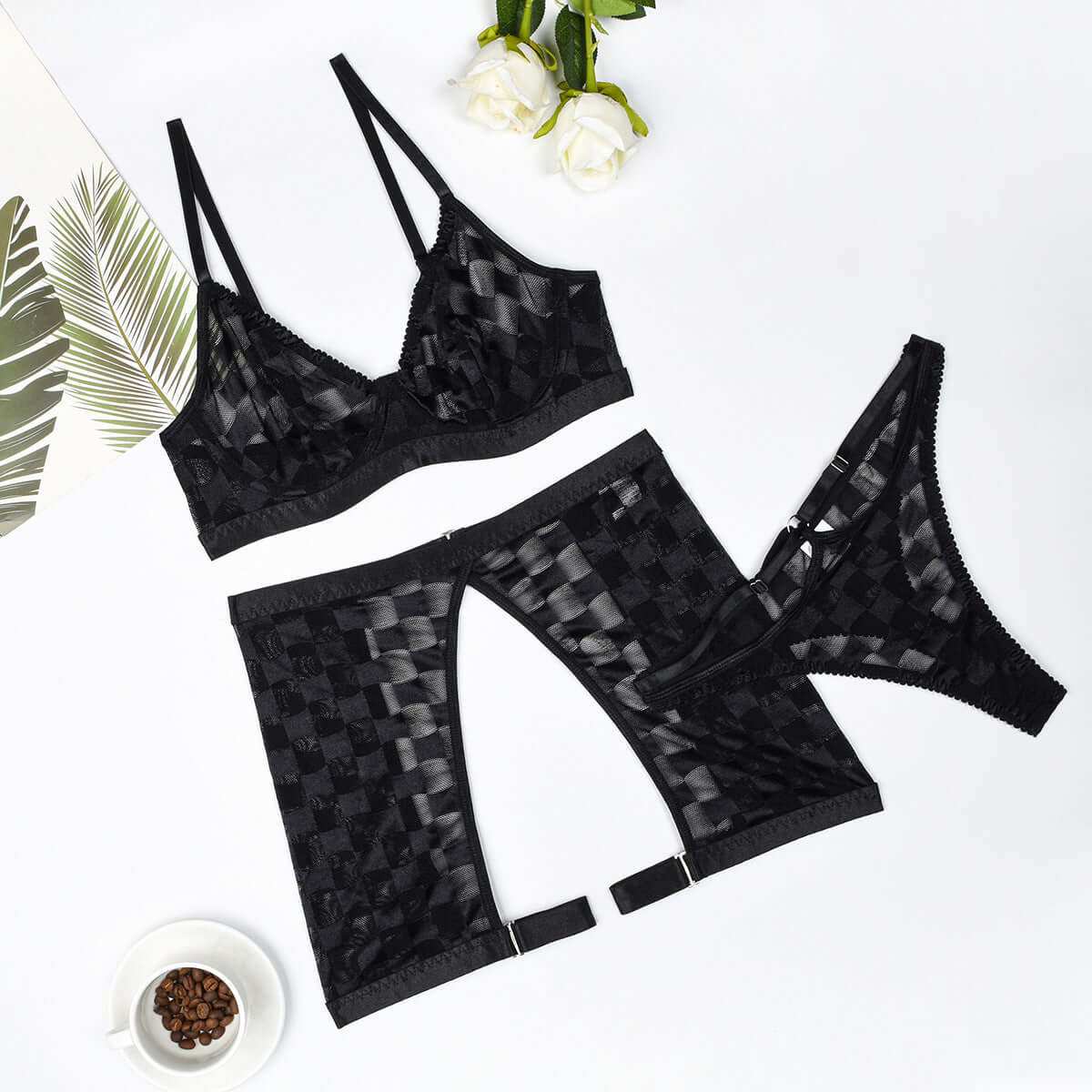 Black women's mesh underwear three-piece set in sizes S, M, and L.