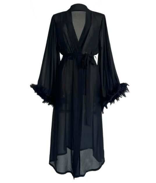 Women's Silk Feather long sleeve robe, luxurious homewear in black.