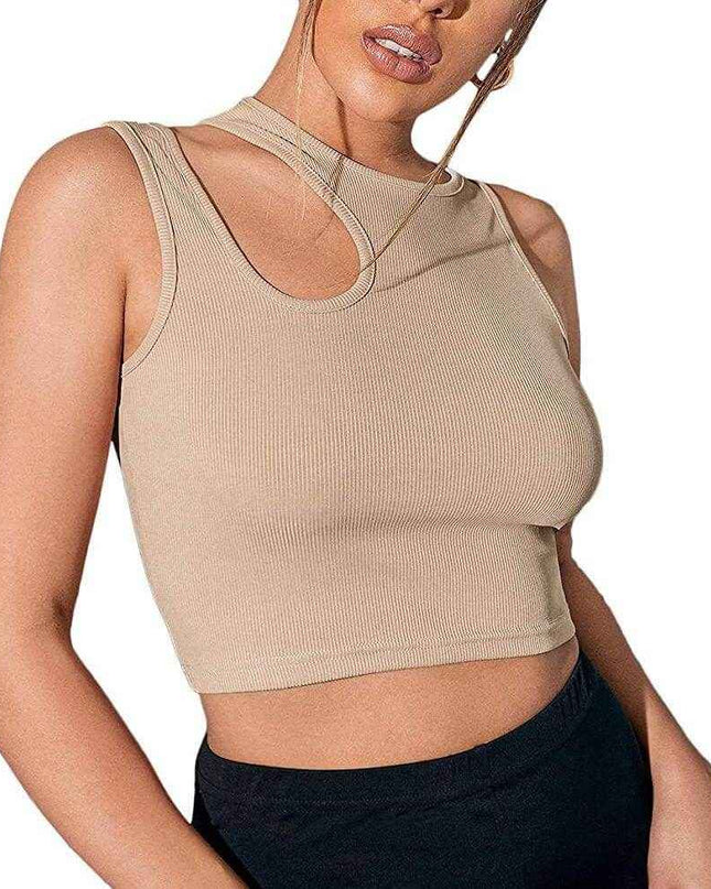 Fashionable women's camisole with hollowed-out design in khaki color.