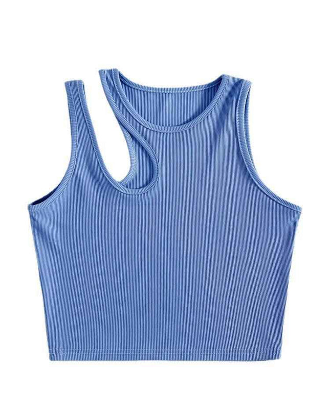 Women's T-shirts blue camisole, hollowed-out design, summer fashion.