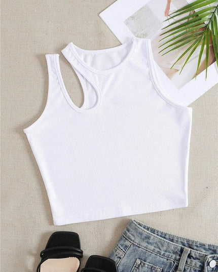 Women's T-Shirts Fashion Hollowed-out Bottoming Camisole in white with trendy exposed navel style.