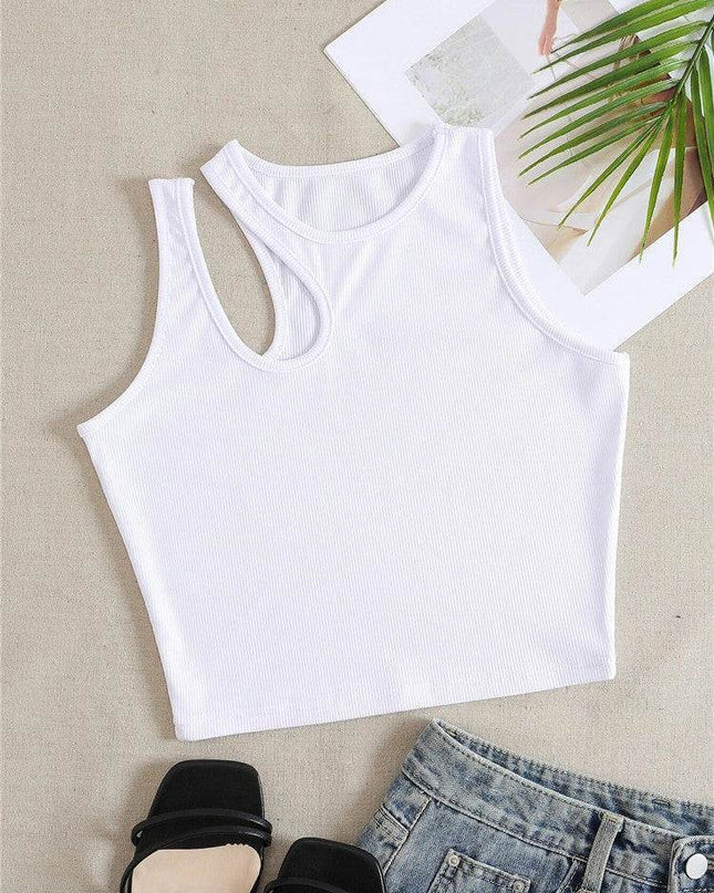 Women's T-Shirts Fashion Hollowed-out Bottoming Camisole in white with trendy exposed navel style.