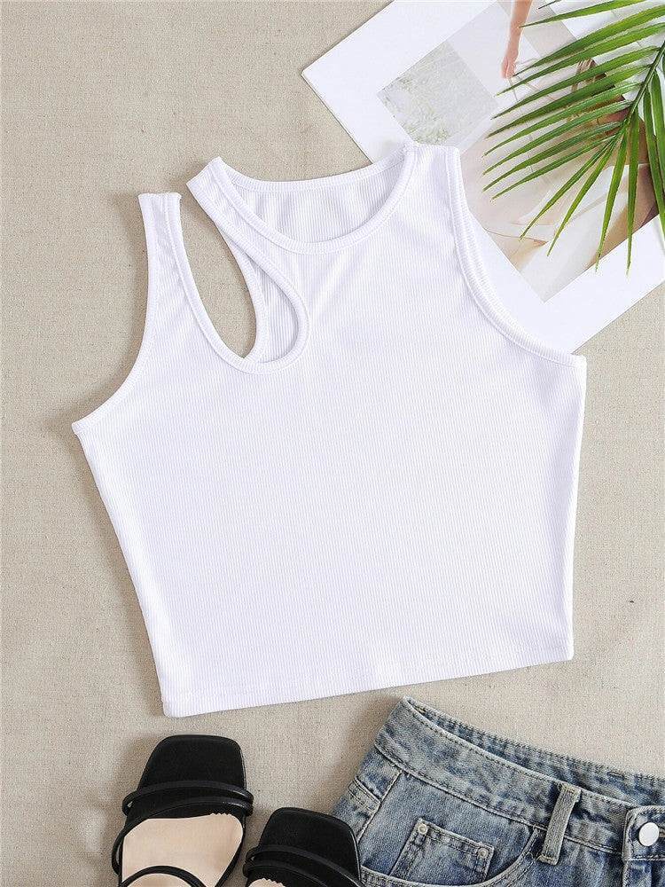 Women's T-Shirts Fashion Hollowed-out Bottoming Camisole in white with trendy exposed navel style.